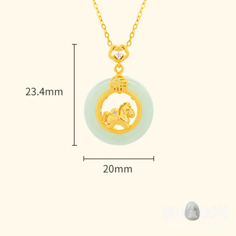 Buddha Stones 925 Sterling Silver Year Of The Horse Hetian Jade Peace Buckle Luck Necklace Pendant - BWOOOH