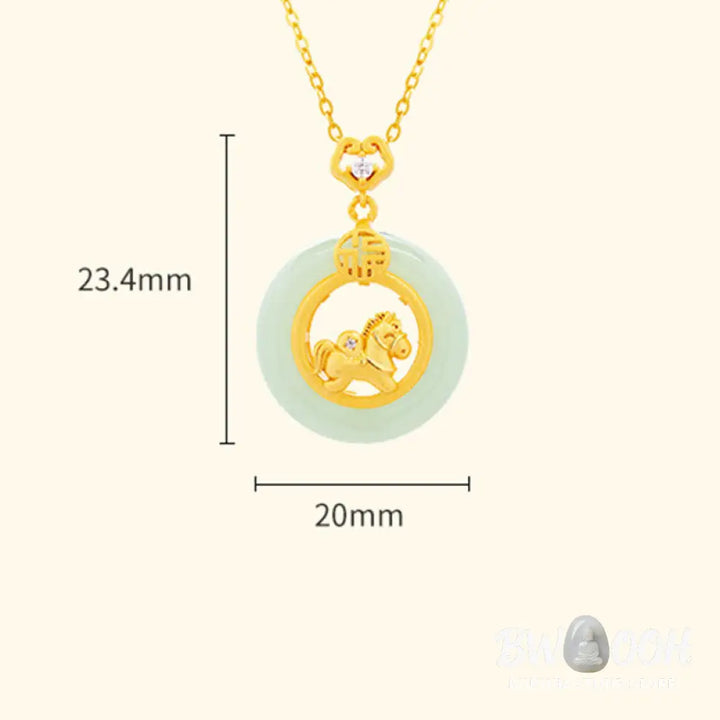 Buddha Stones 925 Sterling Silver Year Of The Horse Hetian Jade Peace Buckle Luck Necklace Pendant - BWOOOH