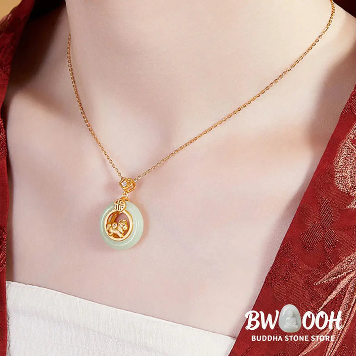 Buddha Stones 925 Sterling Silver Year Of The Horse Hetian Jade Peace Buckle Luck Necklace Pendant - BWOOOH
