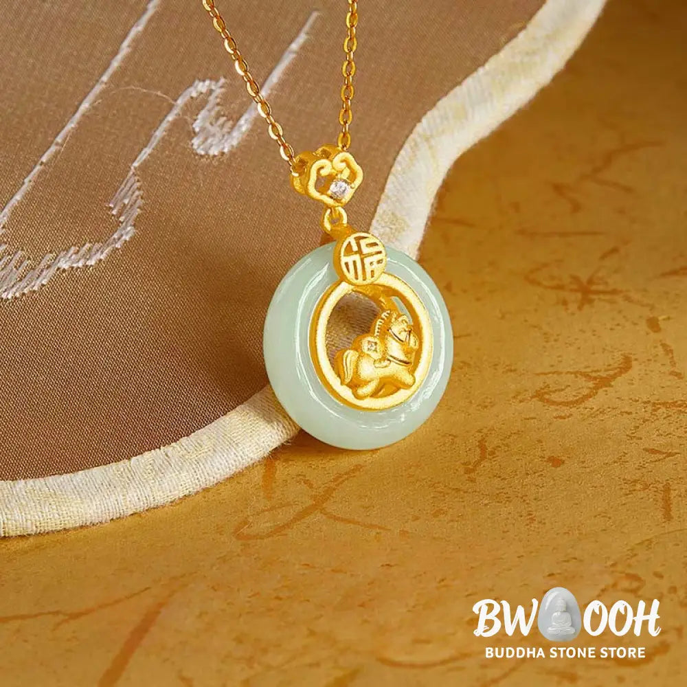 Buddha Stones 925 Sterling Silver Year Of The Horse Hetian Jade Peace Buckle Luck Necklace Pendant - BWOOOH