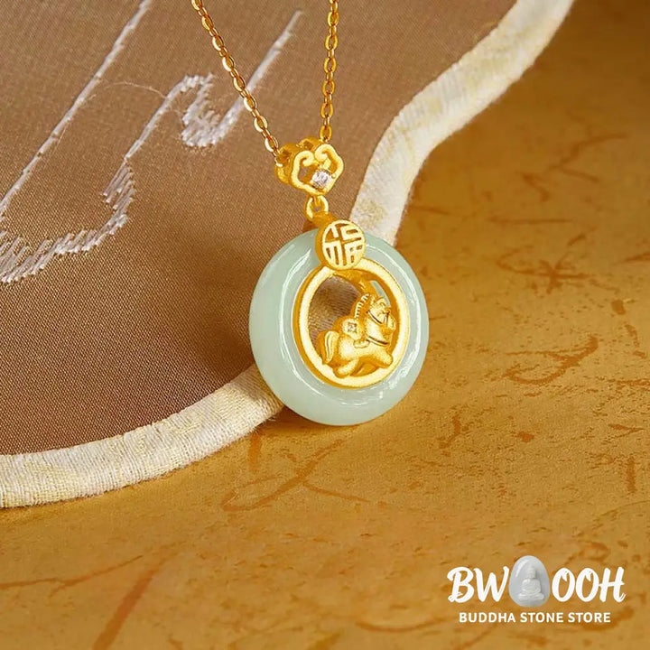 Buddha Stones 925 Sterling Silver Year Of The Horse Hetian Jade Peace Buckle Luck Necklace Pendant - BWOOOH