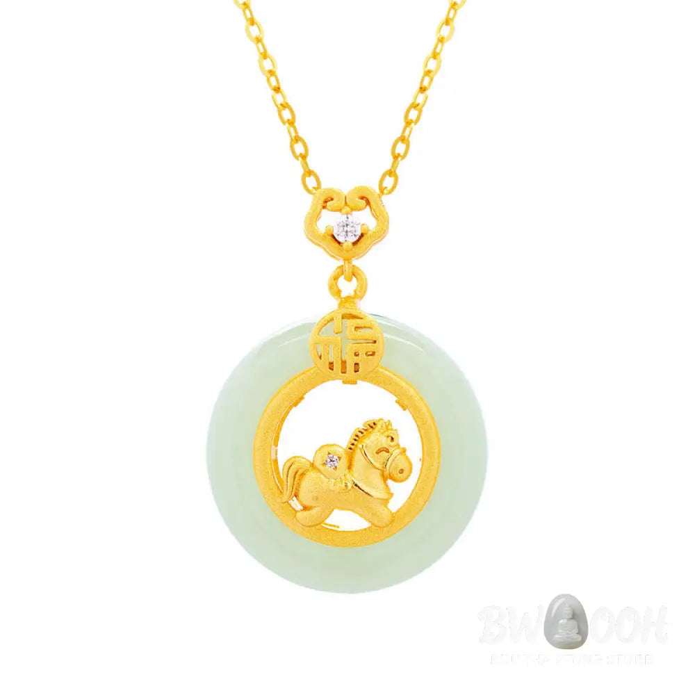 Buddha Stones 925 Sterling Silver Year Of The Horse Hetian Jade Peace Buckle Luck Necklace Pendant - BWOOOH