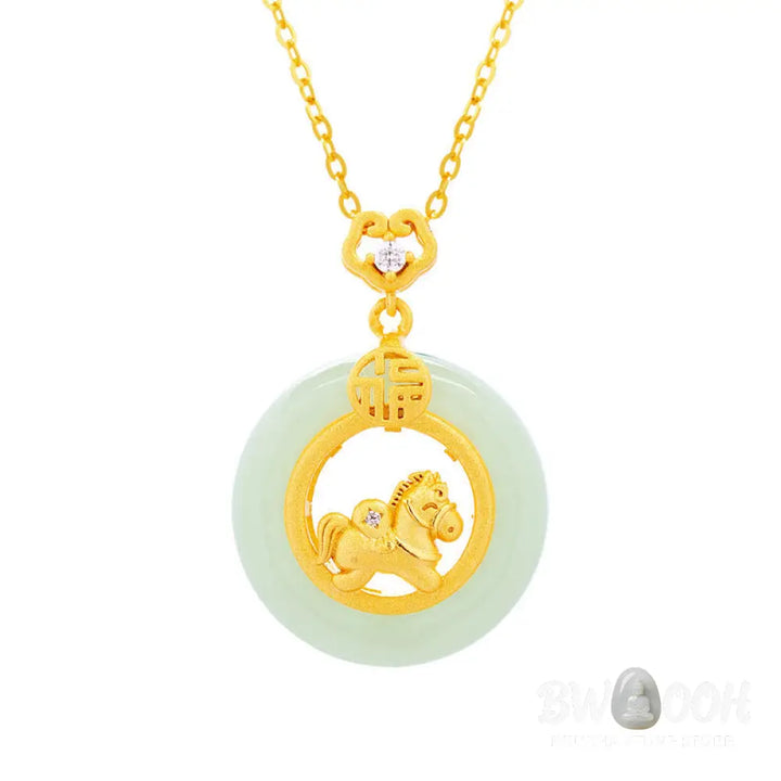 Buddha Stones 925 Sterling Silver Year Of The Horse Hetian Jade Peace Buckle Luck Necklace Pendant - BWOOOH