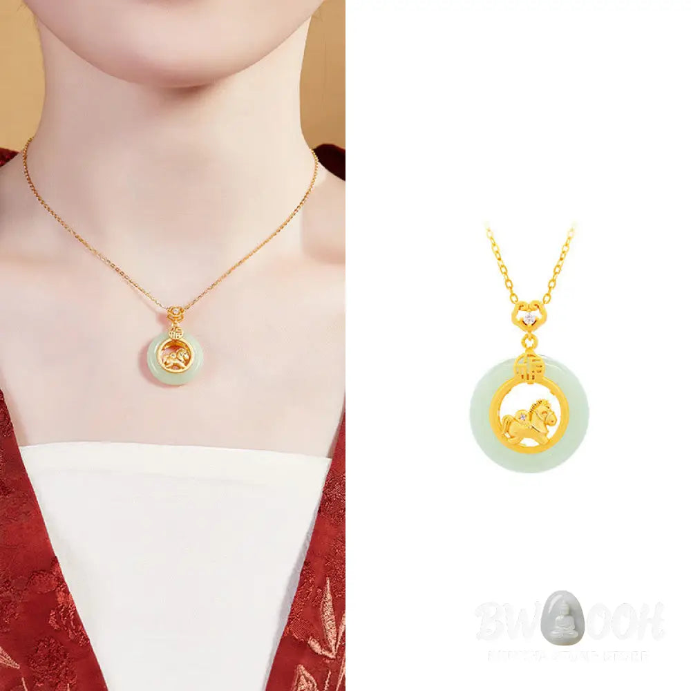 Buddha Stones 925 Sterling Silver Year Of The Horse Hetian Jade Peace Buckle Luck Necklace Pendant - BWOOOH