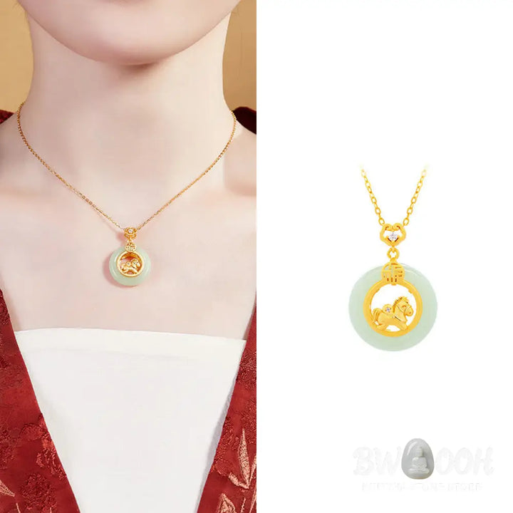Buddha Stones 925 Sterling Silver Year Of The Horse Hetian Jade Peace Buckle Luck Necklace Pendant - BWOOOH