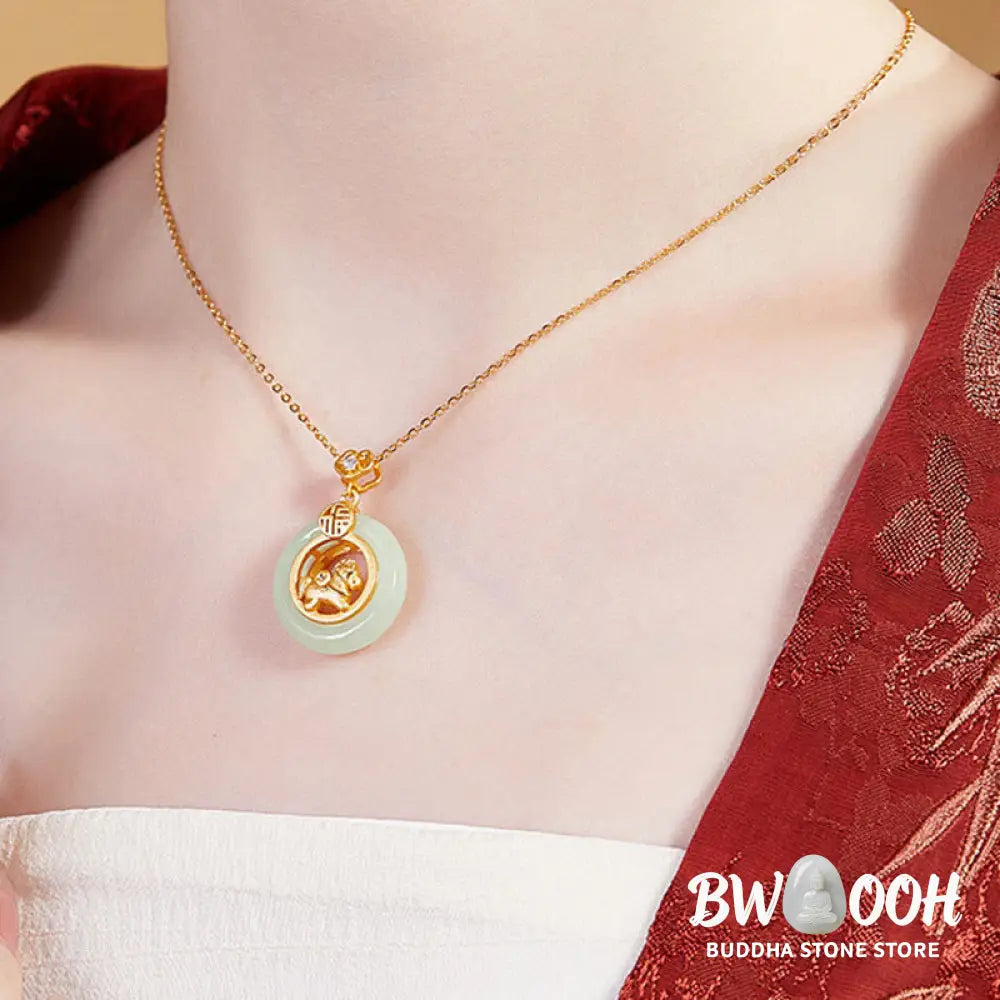Buddha Stones 925 Sterling Silver Year Of The Horse Hetian Jade Peace Buckle Luck Necklace Pendant - BWOOOH