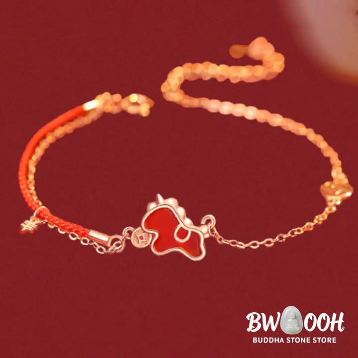 Buddha Stones 925 Sterling Silver Year Of The Horse Red String Red Agate Coin Charm Luck Bracelet - Bracelet