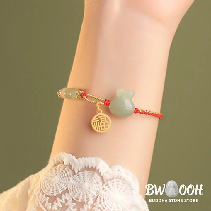 Buddha Stones 925 Sterling Silver Year of the Rabbit Hetian Jade Happiness Luck Red String Bracelet - BWOOOH - Hetian
