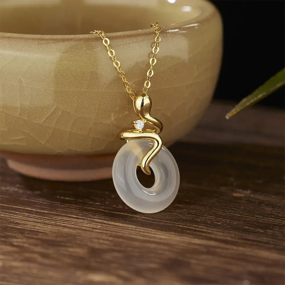 Buddha Stones 925 Sterling Silver Year Of The Snake Chalcedony Peace Buckle Positive Necklace Pendant - BWOOOH