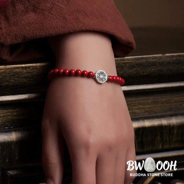 Buddha Stones 925 Sterling Silver Yin Yang Bagua Symbol Cinnabar String Concentration Bracelet - BWOOOH - Bracelet