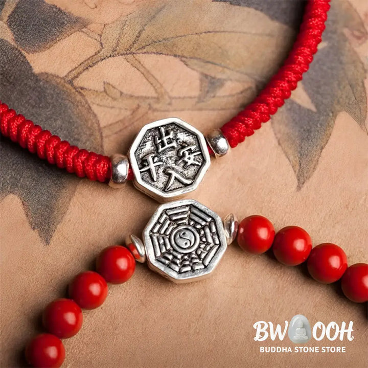 Buddha Stones 925 Sterling Silver Yin Yang Bagua Symbol Cinnabar String Concentration Bracelet - BWOOOH - Bracelet