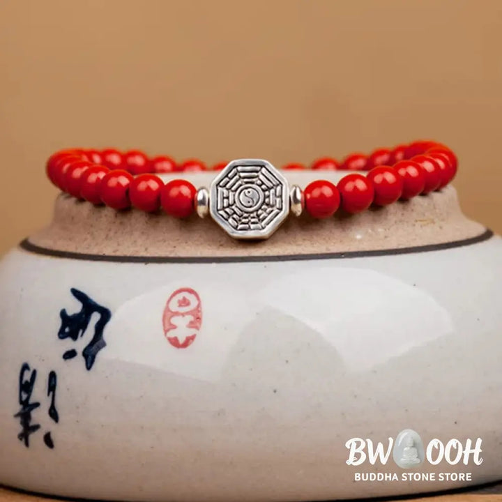 Buddha Stones 925 Sterling Silver Yin Yang Bagua Symbol Cinnabar String Concentration Bracelet - BWOOOH - Bracelet