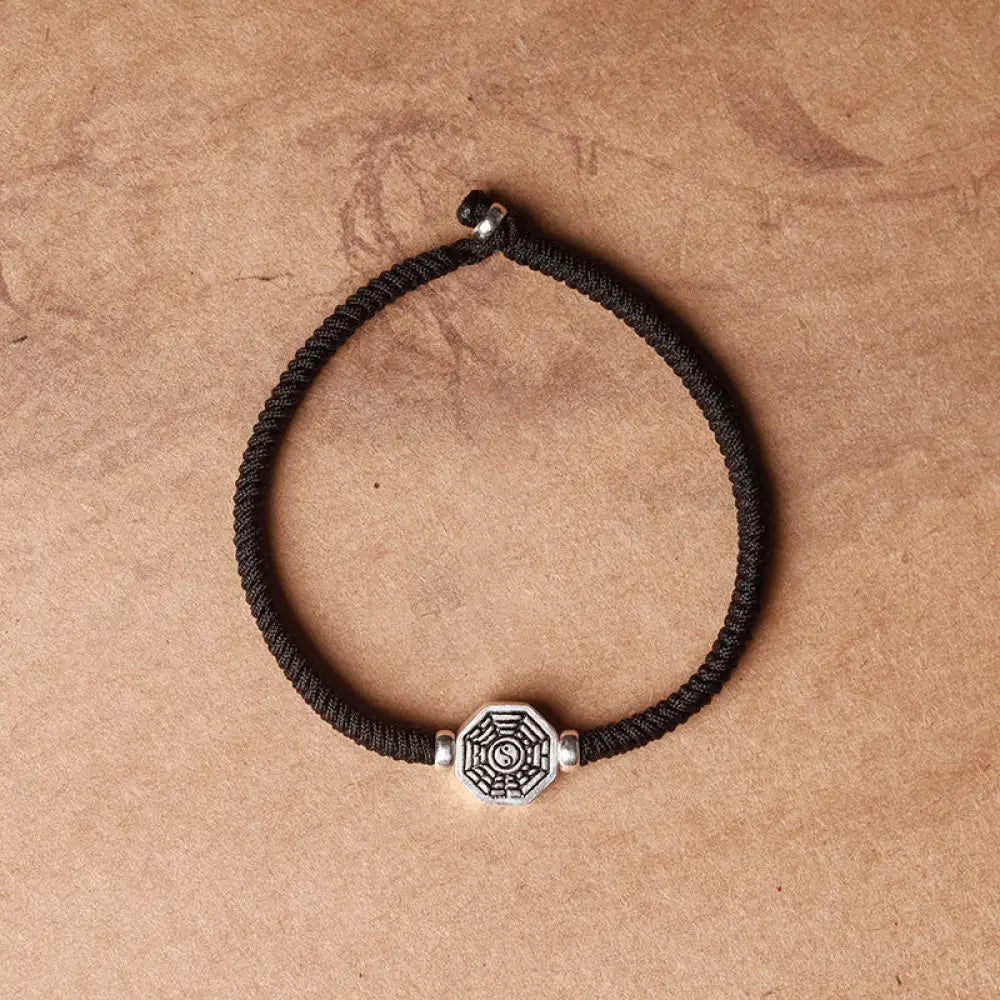 Buddha Stones 925 Sterling Silver Yin Yang Bagua Symbol Cinnabar String Concentration Bracelet - BWOOOH - Black Rope