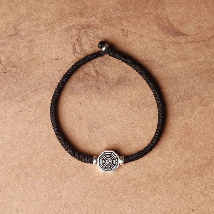 Buddha Stones 925 Sterling Silver Yin Yang Bagua Symbol Cinnabar String Concentration Bracelet - BWOOOH - Black Rope