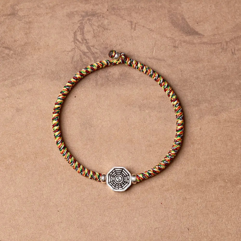 Buddha Stones 925 Sterling Silver Yin Yang Bagua Symbol Cinnabar String Concentration Bracelet - BWOOOH - Colorful Rope