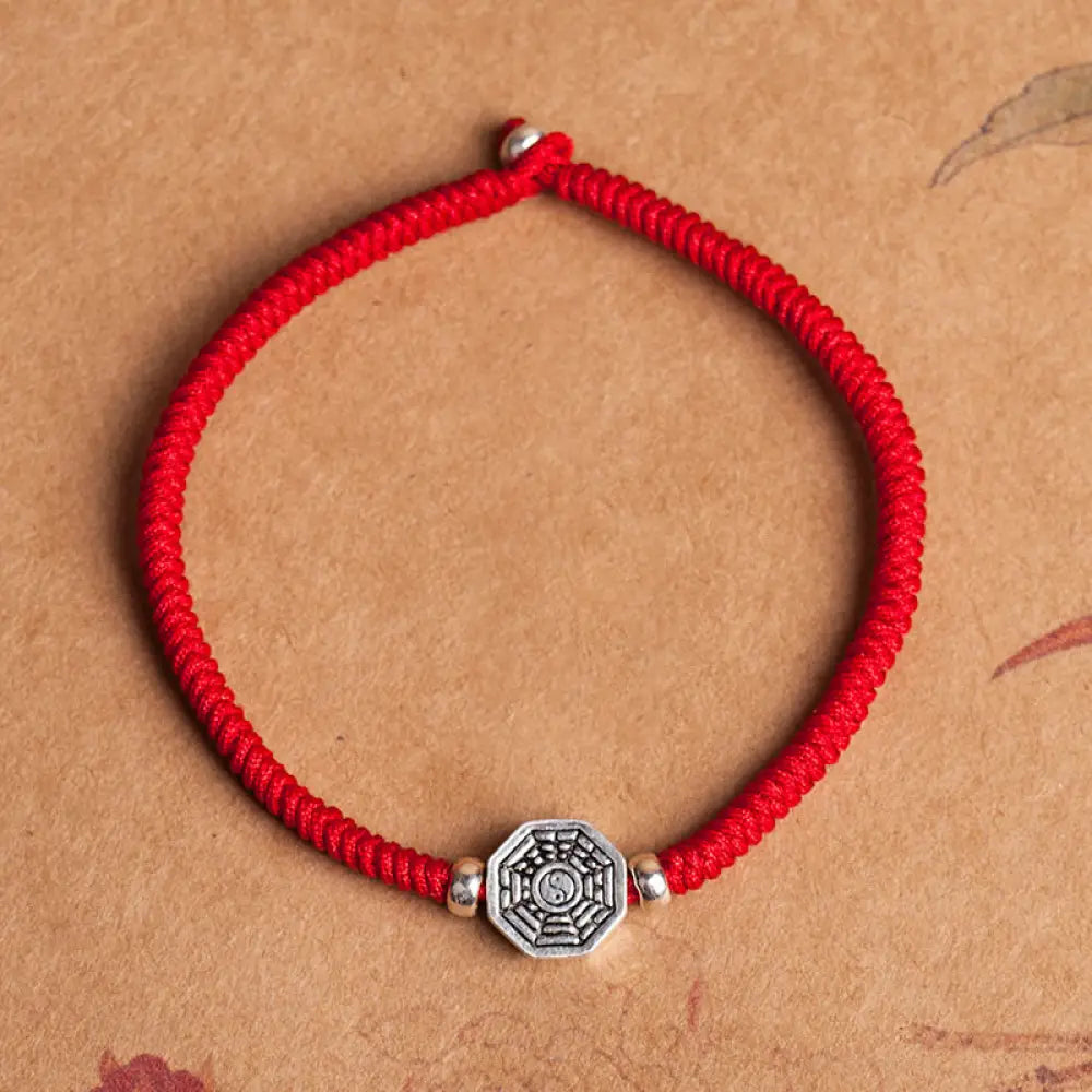 Buddha Stones 925 Sterling Silver Yin Yang Bagua Symbol Cinnabar String Concentration Bracelet - BWOOOH - Red Rope