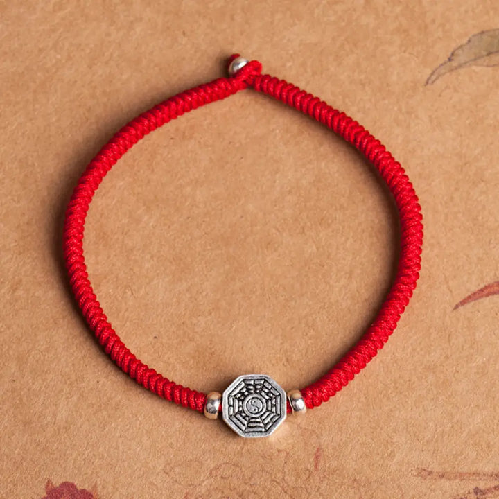 Buddha Stones 925 Sterling Silver Yin Yang Bagua Symbol Cinnabar String Concentration Bracelet - BWOOOH - Red Rope