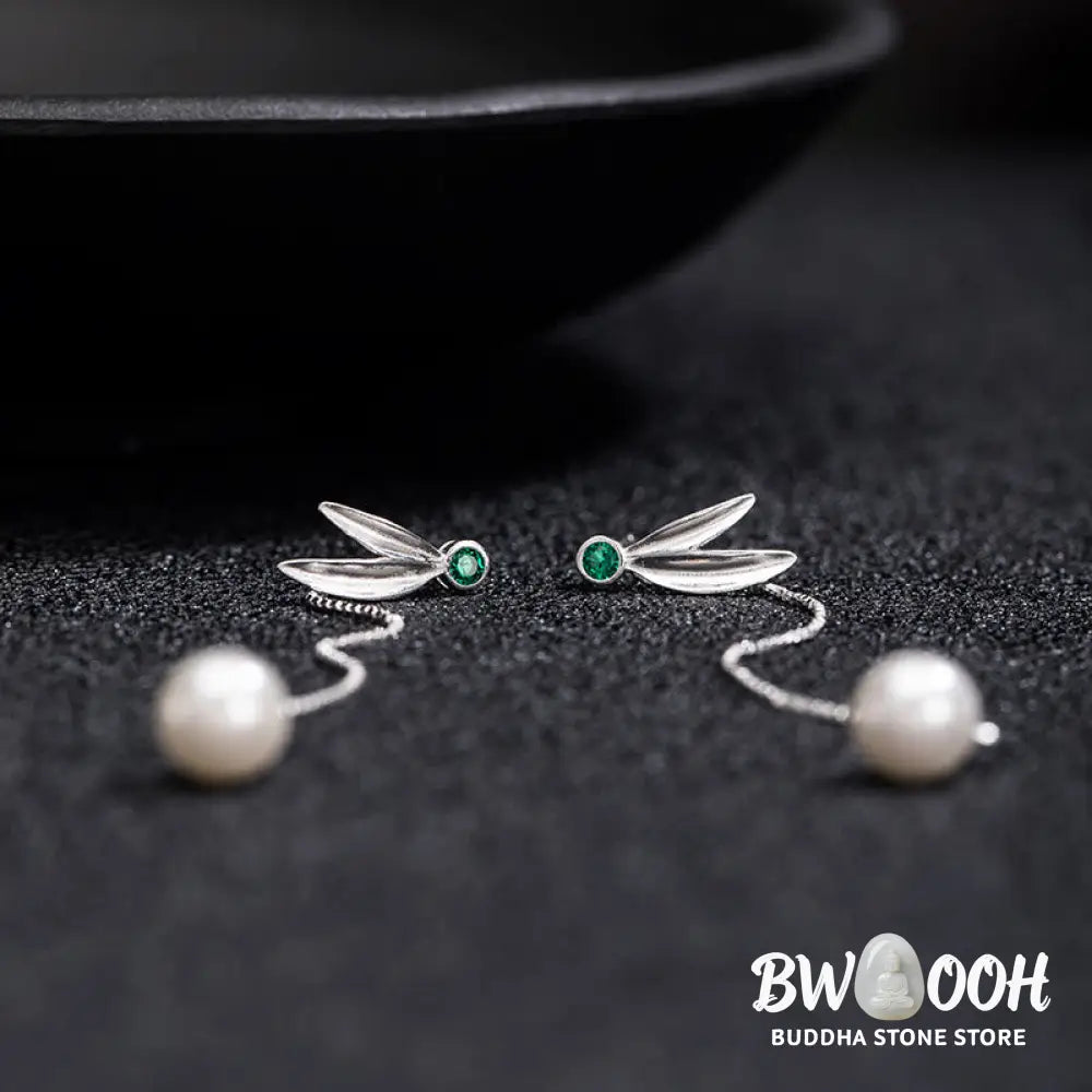 Buddha Stones 925 Sterling Silver Zircon Pearl Bamboo Leaves Protection Drop Earrings - Bamboo Leaves Earrings