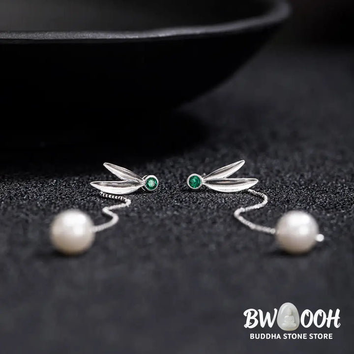 Buddha Stones 925 Sterling Silver Zircon Pearl Bamboo Leaves Protection Drop Earrings - Bamboo Leaves Earrings