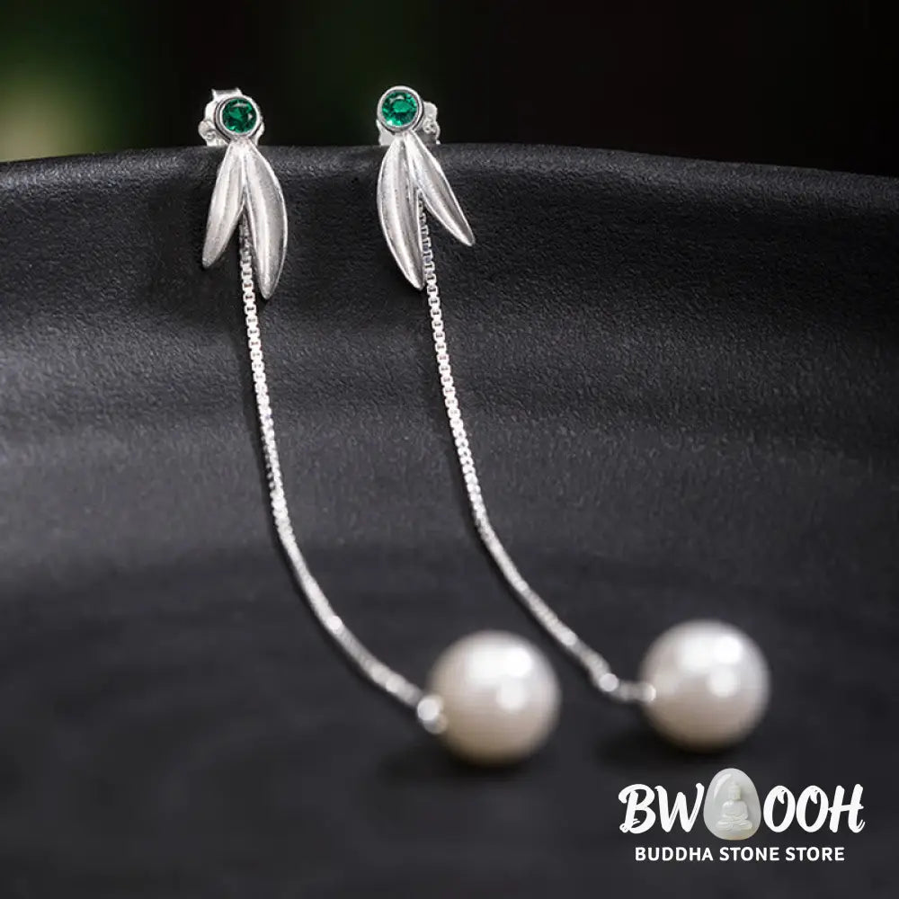 Buddha Stones 925 Sterling Silver Zircon Pearl Bamboo Leaves Protection Drop Earrings - Bamboo Leaves Earrings