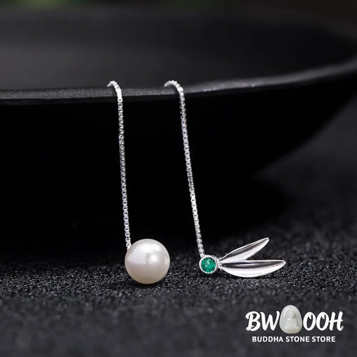 Buddha Stones 925 Sterling Silver Zircon Pearl Bamboo Leaves Protection Drop Earrings - Bamboo Leaves Earrings