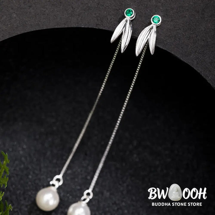 Buddha Stones 925 Sterling Silver Zircon Pearl Bamboo Leaves Protection Drop Earrings - Bamboo Leaves Earrings