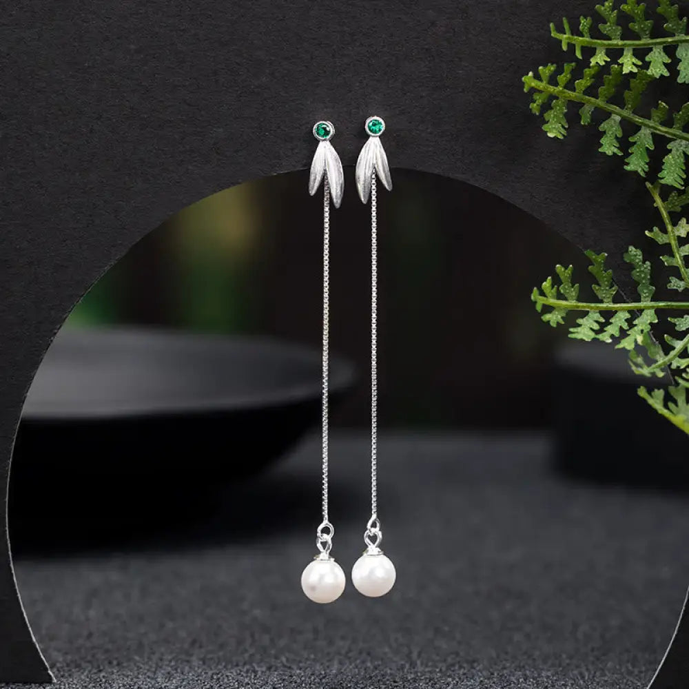 BWOOOH 925 Sterling Silver Zircon Pearl Bamboo Leaves Protection Drop Earrings — Sterling Silver crystal healing bracelet ...