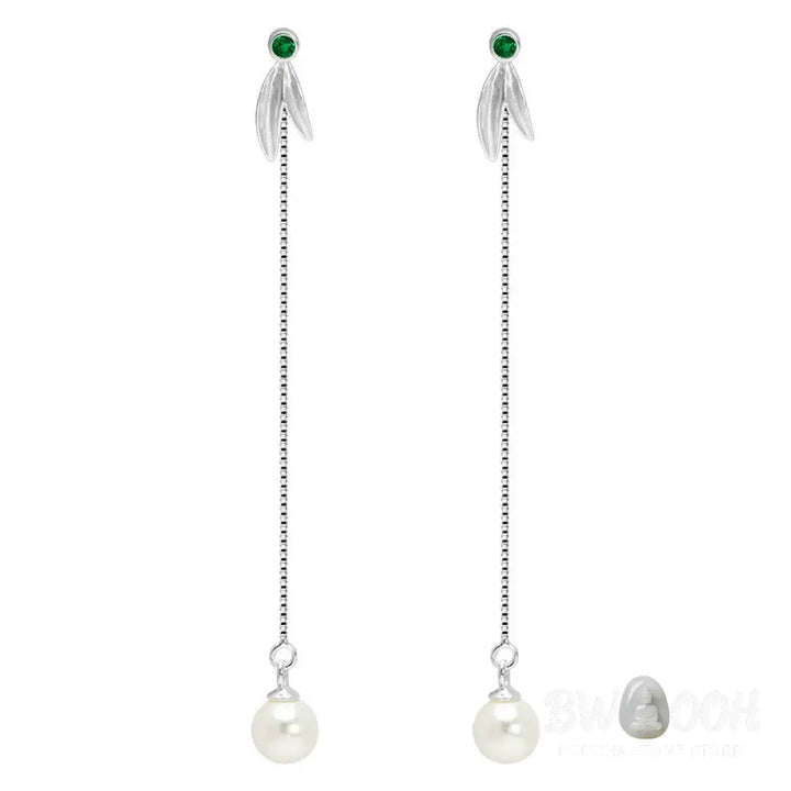 Buddha Stones 925 Sterling Silver Zircon Pearl Bamboo Leaves Protection Drop Earrings - Bamboo Leaves Earrings