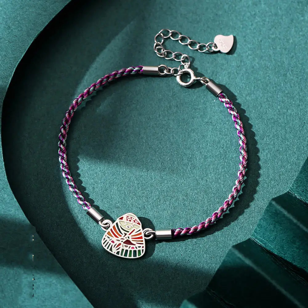 Buddha Stones 925 Sterling Silver Zongzi Pattern Luck Multicolored Handcrafted Bracelet - BWOOOH - Purple Colorful Rope