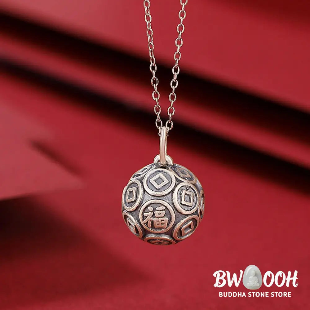 Buddha Stones 990 Sterling Silver Fu Character Copper Coin Luck Fortune Chain Necklace Pendant - BWOOOH - Fu