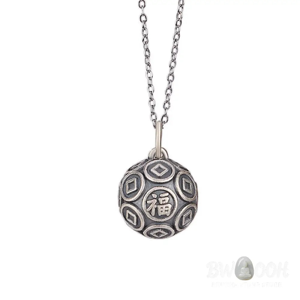 Buddha Stones 990 Sterling Silver Fu Character Copper Coin Luck Fortune Chain Necklace Pendant - BWOOOH - Fu