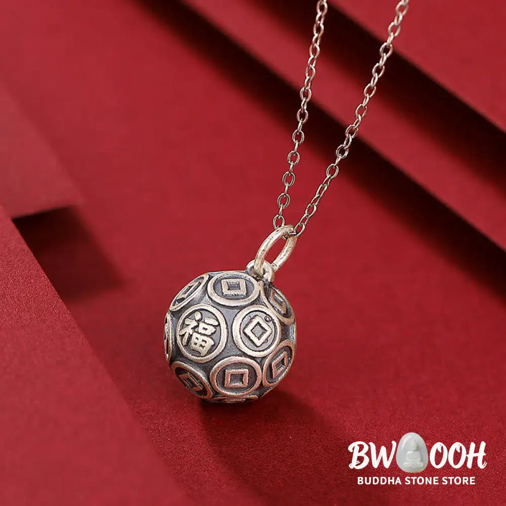 Buddha Stones 990 Sterling Silver Fu Character Copper Coin Luck Fortune Chain Necklace Pendant - BWOOOH - Fu