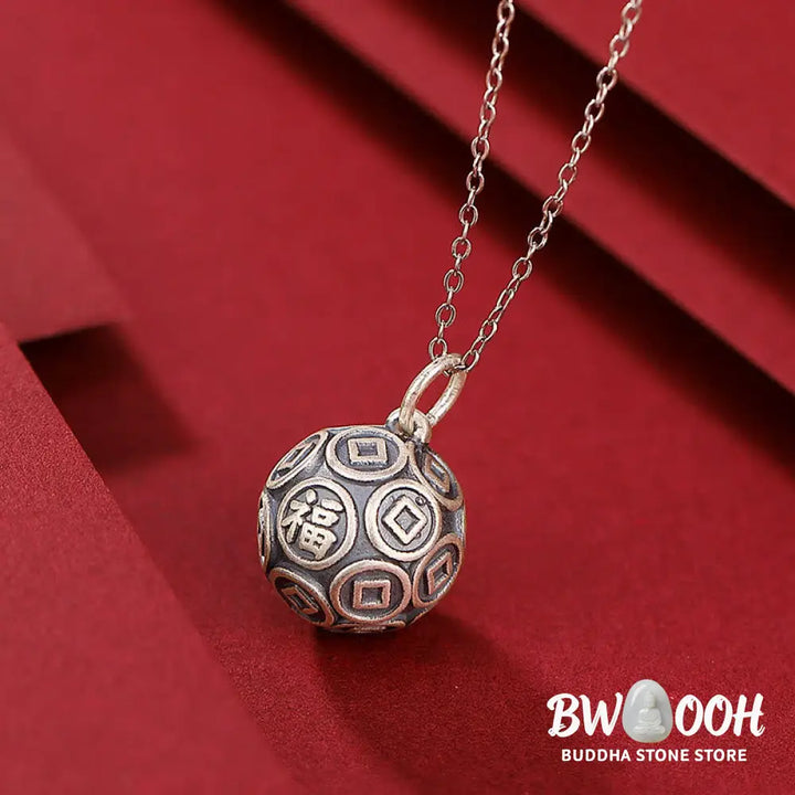 Buddha Stones 990 Sterling Silver Fu Character Copper Coin Luck Fortune Chain Necklace Pendant - BWOOOH - Fu