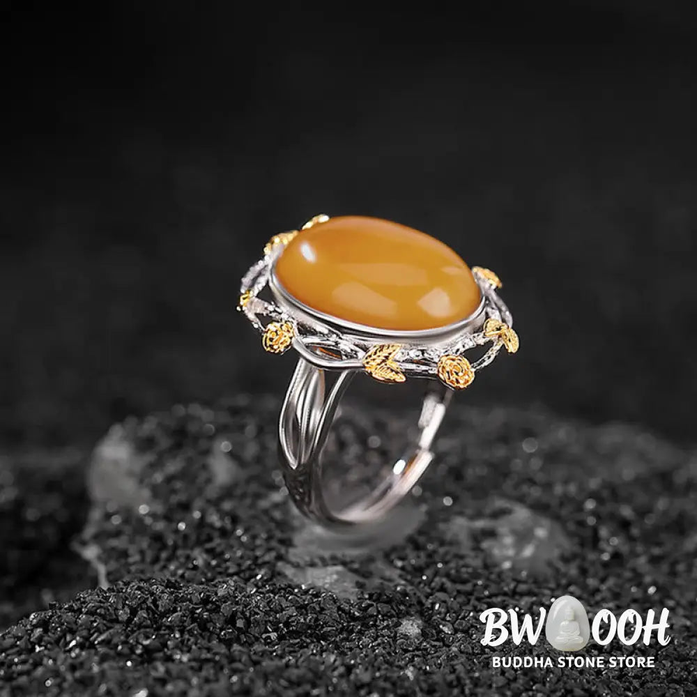 Buddha Stones 990 Sterling Silver Plated Gold Amber Focus Adjustable Ring - Amber(Circumference: 54-60mm) - Ring