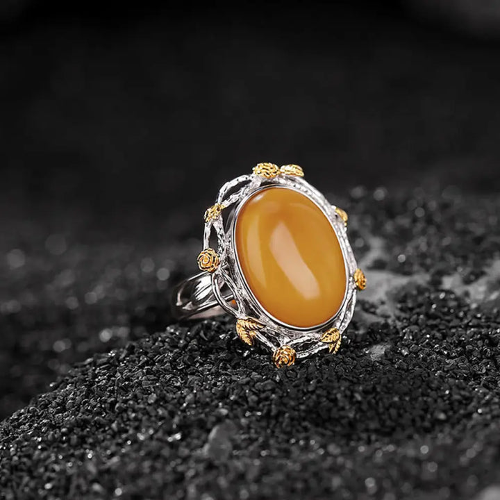 BWOOOH 990 Sterling Silver Plated Gold Amber Focus Adjustable Ring — Sterling Silver crystal healing bracelet for spiritua...