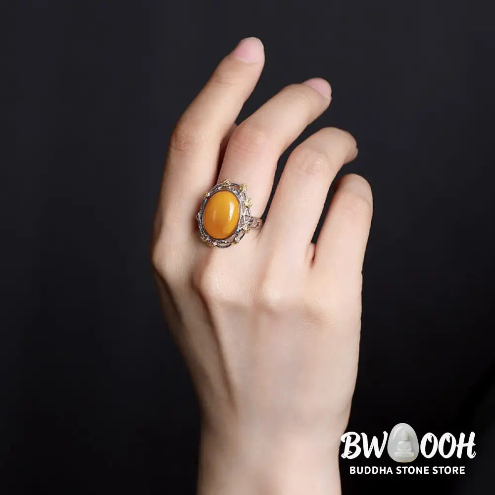 Buddha Stones 990 Sterling Silver Plated Gold Amber Focus Adjustable Ring - Amber(Circumference: 54-60mm) - Ring