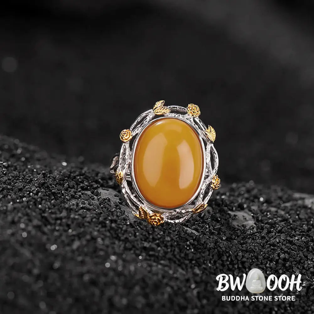 Buddha Stones 990 Sterling Silver Plated Gold Amber Focus Adjustable Ring - Amber(Circumference: 54-60mm) - Ring