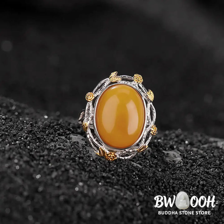 Buddha Stones 990 Sterling Silver Plated Gold Amber Focus Adjustable Ring - Amber(Circumference: 54-60mm) - Ring