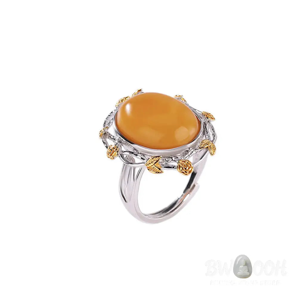 Buddha Stones 990 Sterling Silver Plated Gold Amber Focus Adjustable Ring - Amber(Circumference: 54-60mm) - Ring