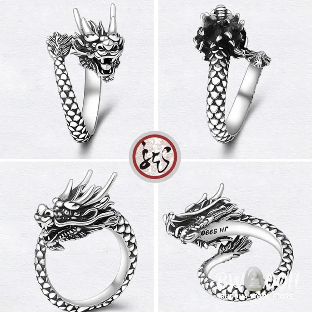Buddha Stones 990 Sterling Silver Vintage Dragon Design Luck Protection Strength Adjustable Ring - Ring