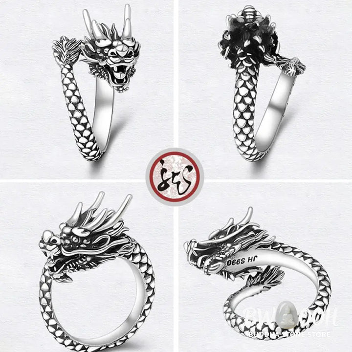 Buddha Stones 990 Sterling Silver Vintage Dragon Design Luck Protection Strength Adjustable Ring - Ring