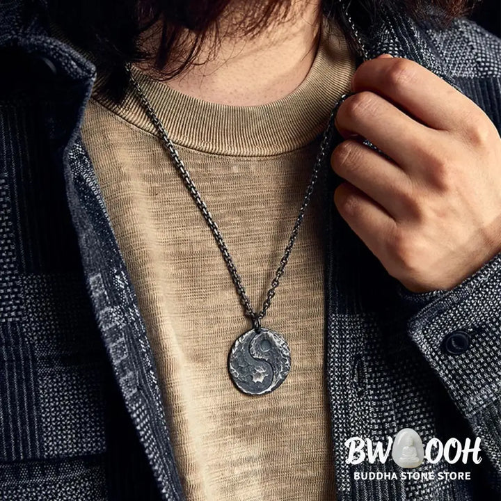 Buddha Stones 990 Sterling Silver Yin Yang Hammer Texture Harmony Necklace Pendant - BWOOOH - 990 Sterling Silver