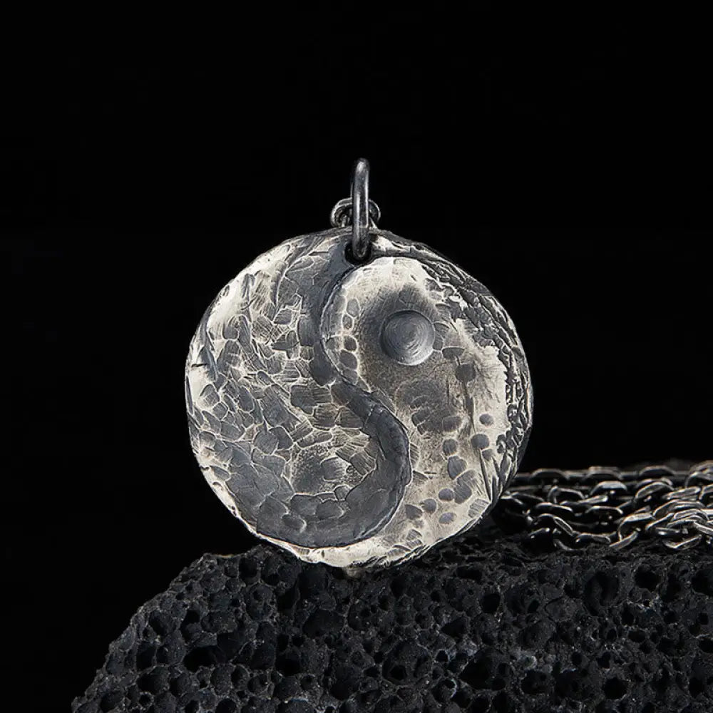 BWOOOH 990 Sterling Silver Yin Yang Hammer Texture Harmony Necklace Pendant 45cm