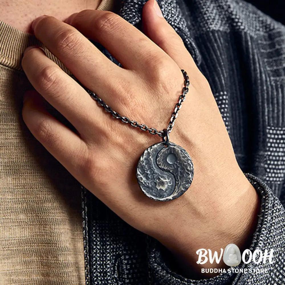 Buddha Stones 990 Sterling Silver Yin Yang Hammer Texture Harmony Necklace Pendant - BWOOOH - 990 Sterling Silver