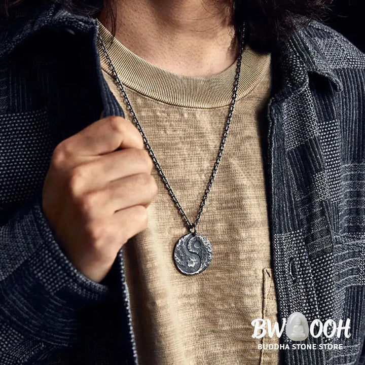 Buddha Stones 990 Sterling Silver Yin Yang Hammer Texture Harmony Necklace Pendant - BWOOOH - 990 Sterling Silver