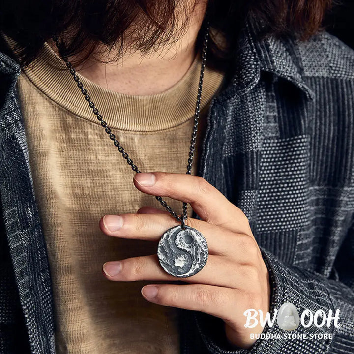 Buddha Stones 990 Sterling Silver Yin Yang Hammer Texture Harmony Necklace Pendant - BWOOOH - 990 Sterling Silver
