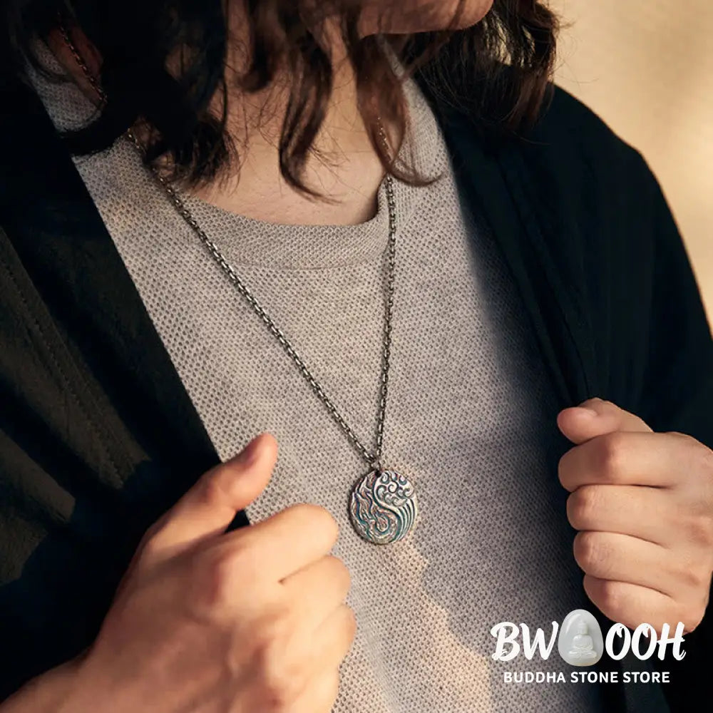 Buddha Stones 990 Sterling Silver Yin Yang Water and Fire Balance Necklace Pendant - BWOOOH - 990 Sterling Silver