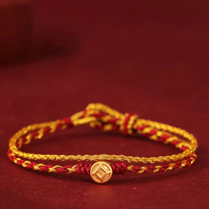 Buddha Stones 999 Gold Beads Copper Coin Double Wrap Golden Red String Connection Braided Bracelet - 999 Gold Copper