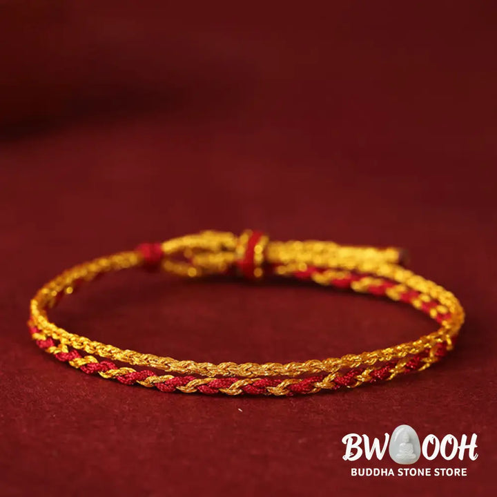 Buddha Stones 999 Gold Beads Copper Coin Double Wrap Golden Red String Connection Braided Bracelet - Bracelet