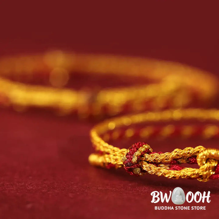 Buddha Stones 999 Gold Beads Copper Coin Double Wrap Golden Red String Connection Braided Bracelet - Bracelet